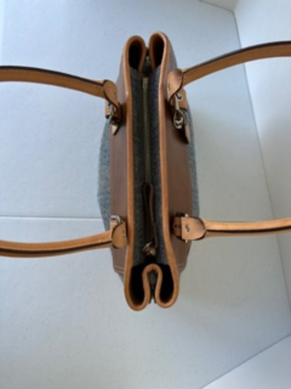 COACH Satchel handbag - Blue/Gray plaid wool and tan leather - Picture 6 of 8